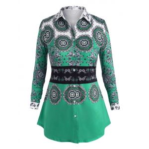 

Plus Size Button Up Tribal Print Shirt, Green