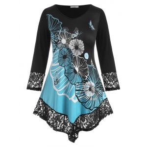 

Plus Size Lace Insert Floral Print Colorblock Tee, Black
