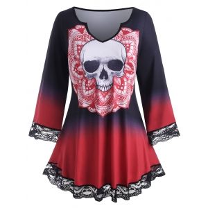 

Plus Size Skull Print Halloween Ombre Color Tee, Red