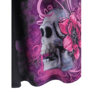 Plus Size Halloween Lace Panel Skull Floral Tunic Top