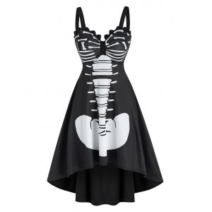 

Halloween Skeleton Print Sleeveless High Low Dress, Black