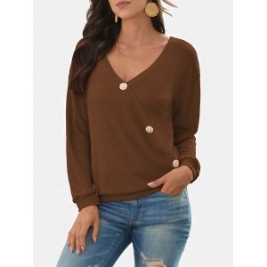 

V Neck Buttons Honeycomb Knitwear, Coffee