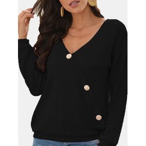 

V Neck Buttons Honeycomb Knitwear, Black