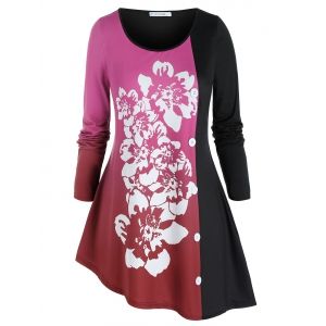 

Plus Size Asymmetric Floral Print Colorblock Tee, Red