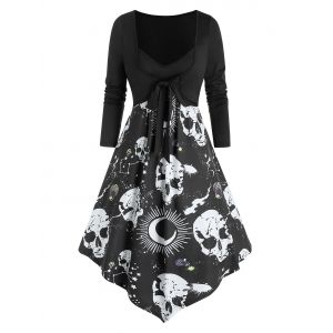

Skull Starry Print 2 in 1 Bowknot Asymmetrical Dress, Black