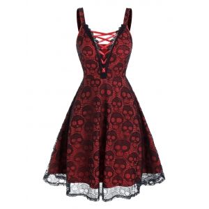 

Sleeveless Halloween Criss-cross Skull Lace Dress, Red