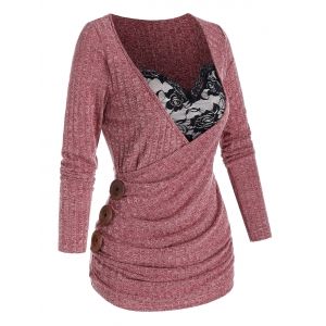 

2 in 1 Surplice Gathered Button T Shirt, Valentine red