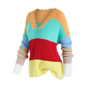 

Plus Size Color Blocking Drop Shoulder Frayed Sweater, Multi