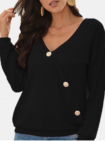 V Neck Buttons Honeycomb Knitwear - BLACK - M