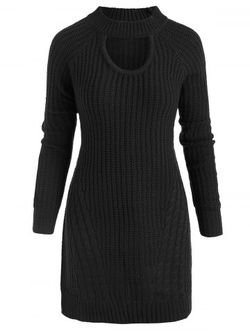 Plus Size Mock Neck Cable Knit Sweater with Keyhole - BLACK - L
