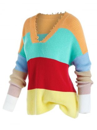 Plus Size Color Blocking Drop Shoulder Frayed Sweater