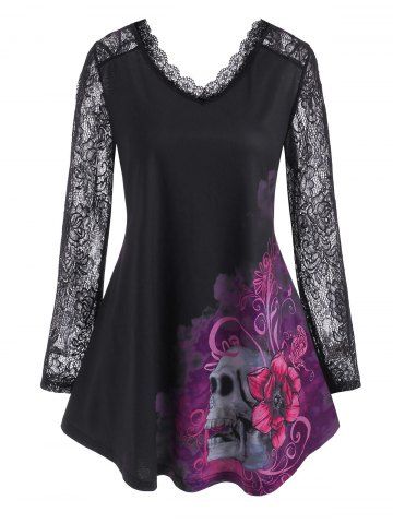 Plus Size Gothic Lace Panel Skull Floral Tunic Top - BLACK - L