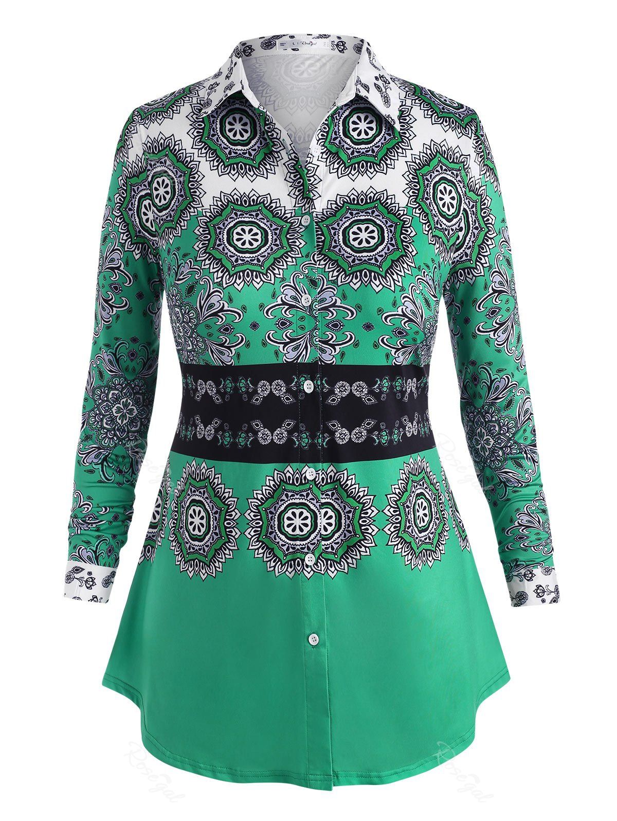 

Plus Size Button Up Tribal Print Shirt, Green