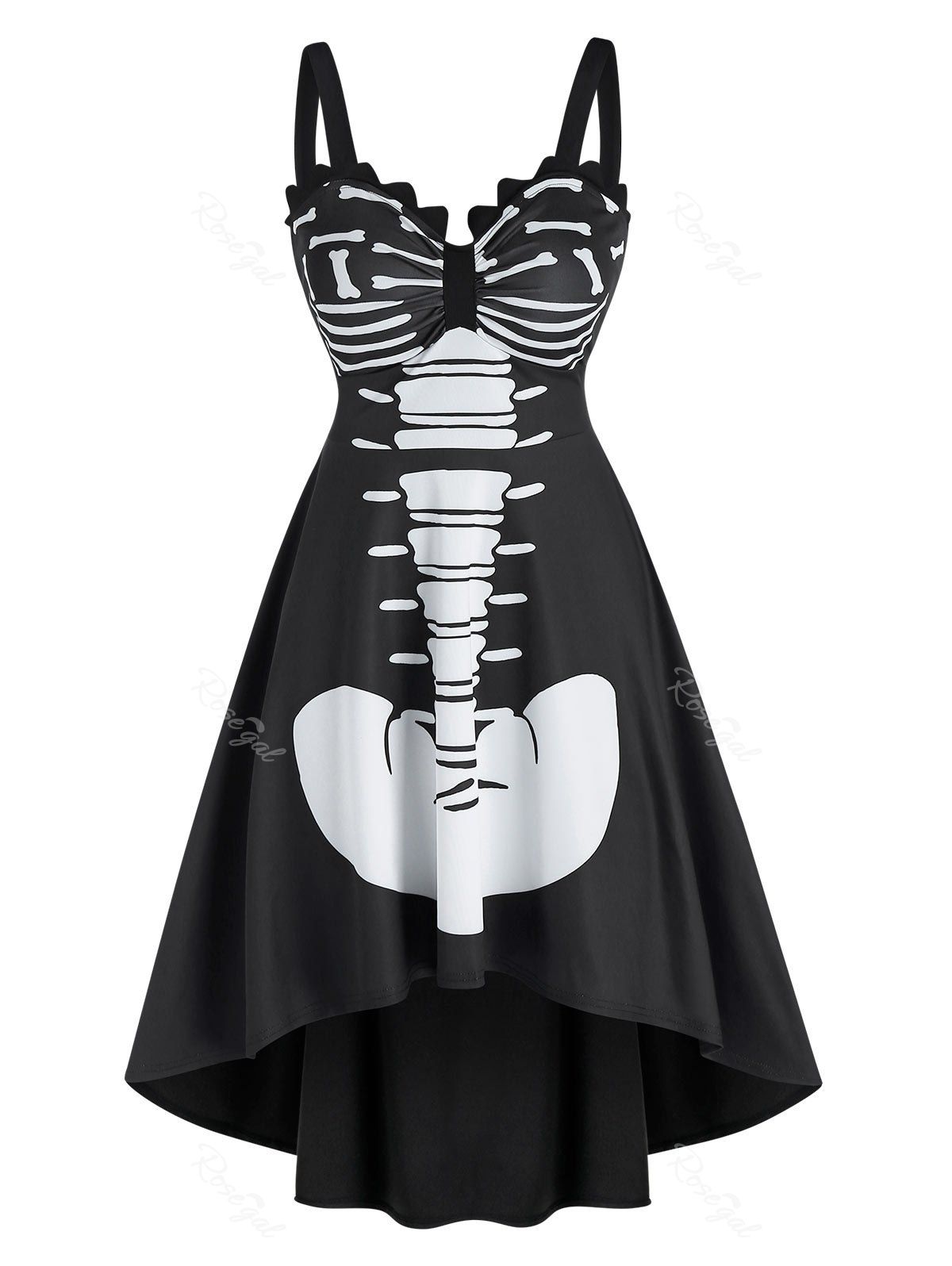 Robe d'Halloween Haute Basse à Imprimé Squelette sans Manches Noir M