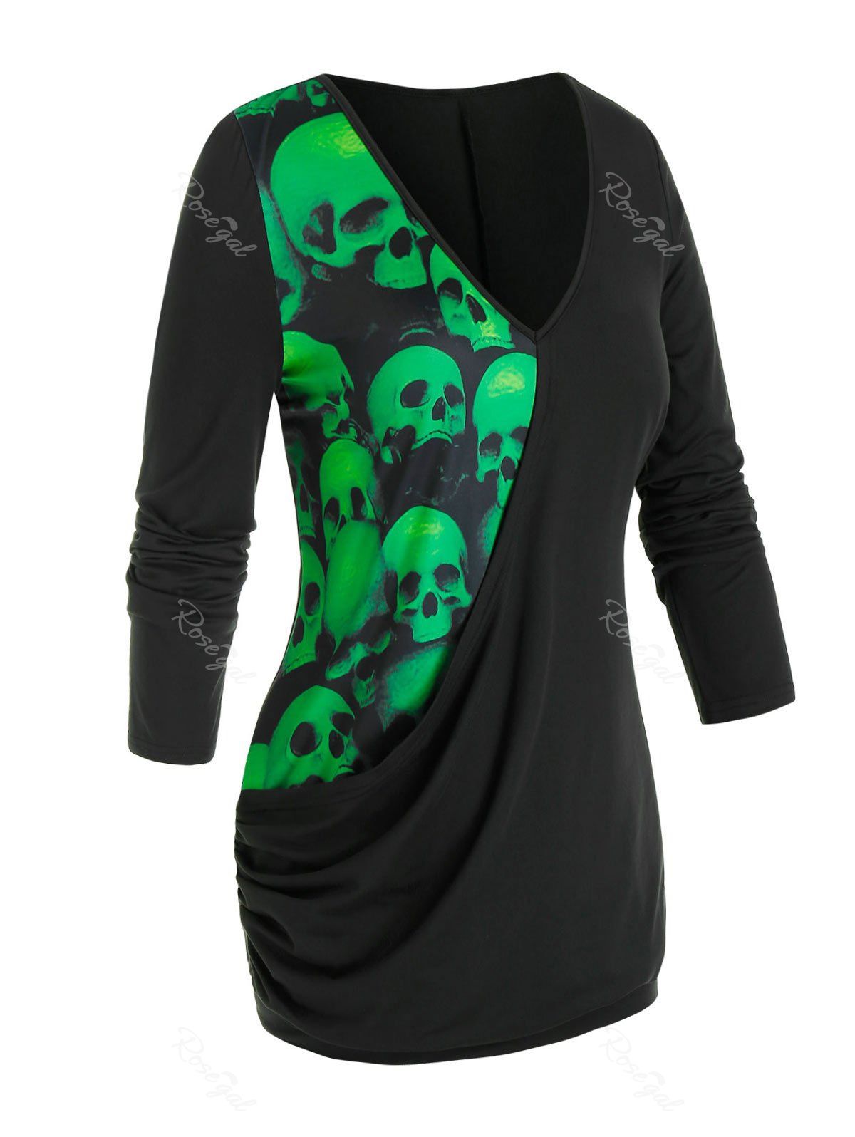 

Plus Size Skull Print Draped Halloween T Shirt, Black