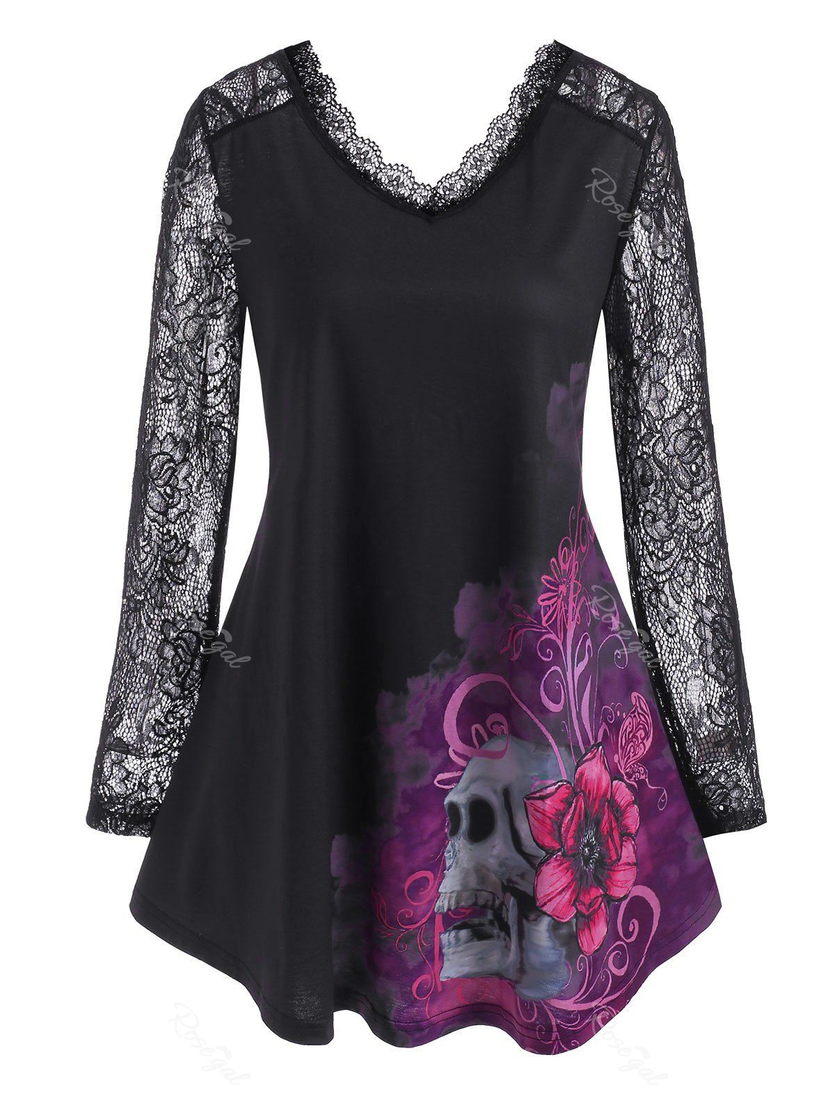 Fancy Plus Size Gothic Lace Panel Skull Floral Tunic Top  