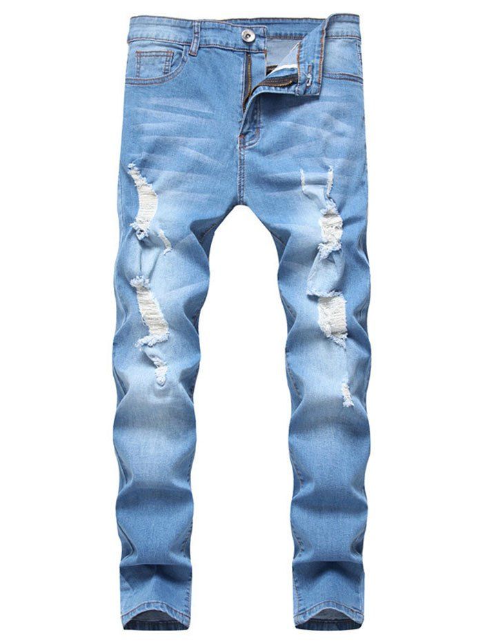 

Long Distressed Destroy Wash Casual Denim Pants, Light blue