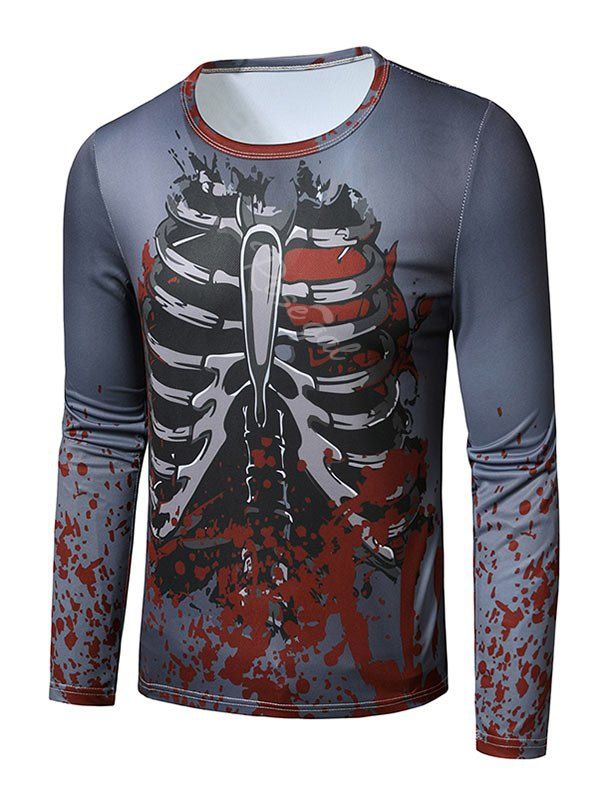 T-shirt d'Halloween Maigre 3D Squelette Imprimé à Col Rond Gris L