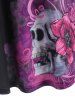 T-shirt d'Halloween Tunique Crâne Floral à Manches en Dentelle de Grande Taille - Noir L