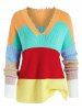 Plus Size Color Blocking Drop Shoulder Frayed Sweater -  