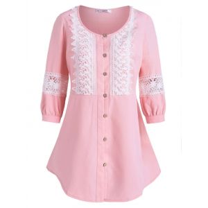 

Plus Size Lace Insert Button Up Top, Light pink