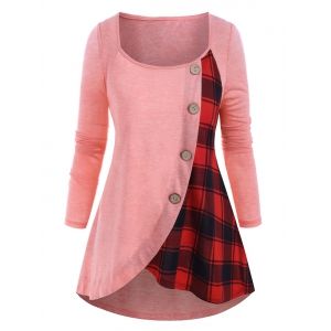 

Plus Size High Low Plaid T Shirt, Light pink