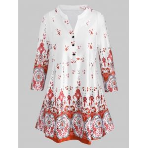 

Plus Size Half Button Floral Print Blouse, Red