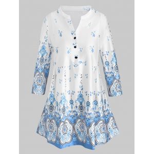 

Plus Size Half Button Floral Print Blouse, Light blue