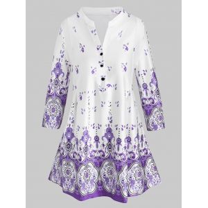 

Plus Size Half Button Floral Print Blouse, Purple