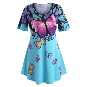 

Plus Size Flutter Sleeve Butterfly Print T Shirt, Blue
