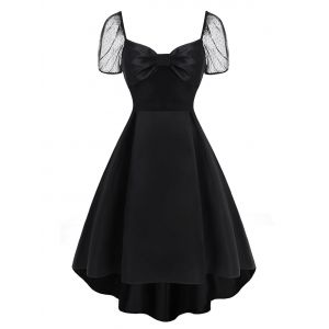 

Lace Puff Sleeve Bowknot Dip Hem Dress, Black