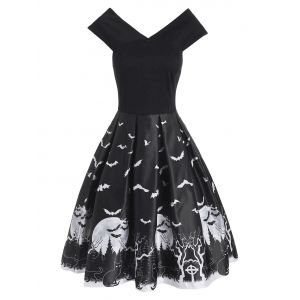 

Halloween Tree Moon Bat Cat Print V Neck Dress, Black