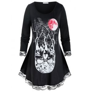 

Plus Size Lace Hem Halloween Skull Moon Curved Hem Tee, Black