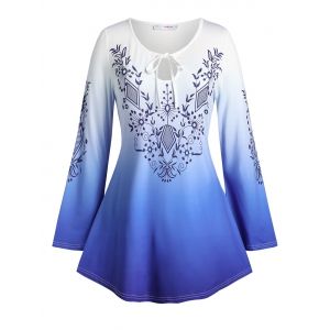 

Plus Size Ombre Print Keyhole Tie Bell Sleeve Tee, Blue