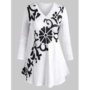 

Plus Size Floral Print V Neck Tee, White