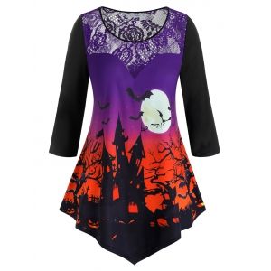 

Plus Size Halloween Printed Lace Insert Asymmetric Tee, Purple