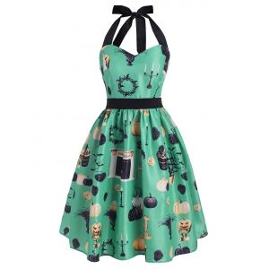 

Halloween Pumpkin Cat Tree Bat Print Halter Dress, Light green