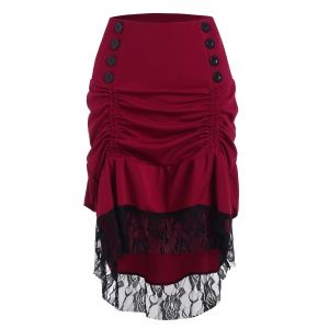 

Ruched Dip Hem Lace Insert Buttoned Skirt, Deep red