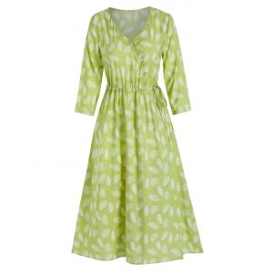 

Feather Print Oblique Button Asymmetric Dress, Avocado green