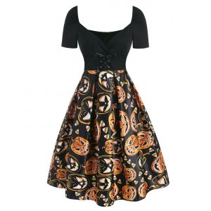 

Halloween Pumpkin Plunging Lace Up Dress, Orange