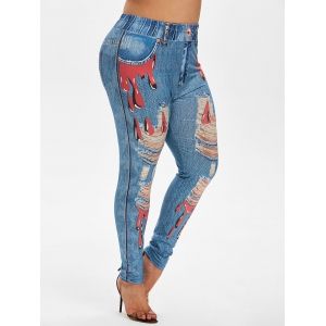 

Plus Size Bloody Ripped 3D Jean Print High Waisted Jeggings, White