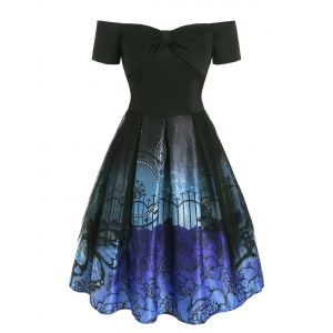 

Flower Butterfly Print Bowknot Lace Panel Dress, Black