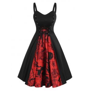 

Lace-up Halloween Skull Patterned A Line Dress, Black
