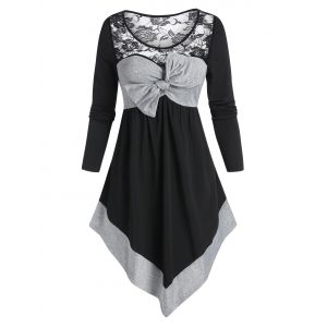 

Bowknot Contrast Color Sheer Lace Panel Asymmetrical T Shirt, Multi a