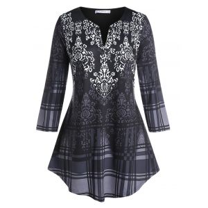 

Plus Size Tribal Print Plaid Curved T Shirt, Black