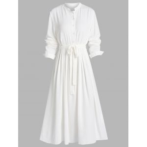

Button Stand Collar Self Belted Shirt Dress, White