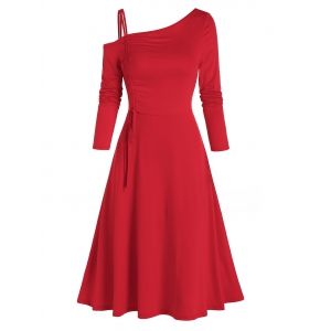 

Skew Collar Drawstring A Line Dress, Red