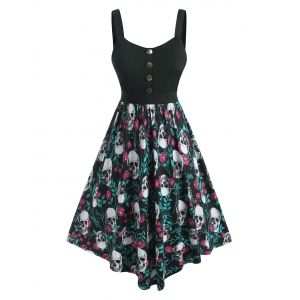 

Plus Size Halloween Skull Rose Print Flare Dress, Black