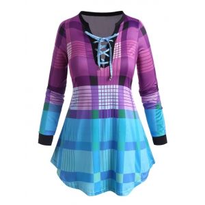 

Plus Size Ombre Color Lace Up Checked T Shirt, Purple