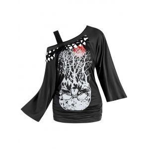 

Two Piece Tree Pattern Cutout Braided Flare Sleeve T Shirt Sets, Black